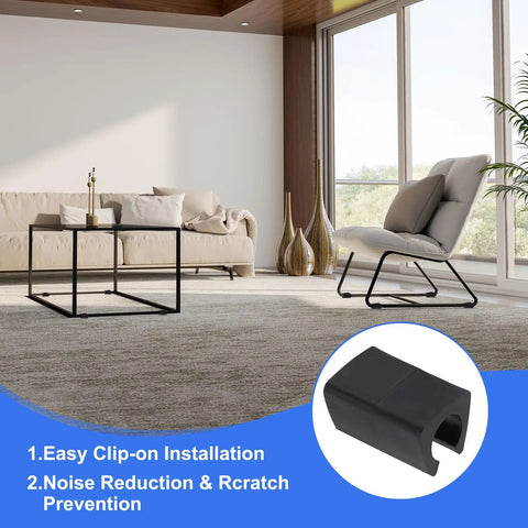 16 Piece Black Office Chair Leg Caps With Nails Smooth Glide Floor Protectors Fitting 0.47 Inch Metal Tubes in modern living room setting.