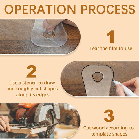 Steps to use Eight Piece Router Templates Set for Woodworking and Charcuterie Boards showing film removal, tracing, and cutting.