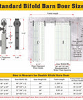 Diagram showing dimensions for installing Bi Fold Sliding Barn Door Kit With 72 Inch Width And 84 Inch Height, 10 Lite Tempered Frosted Glass Panels.