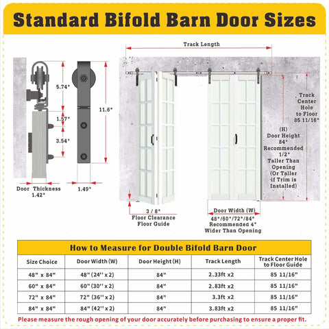 Diagram showing dimensions for Bi-Fold Sliding Barn Door Kit With 10 Lite Frosted Glass Panels, 60 Inch Wide By 84 Inch Tall.