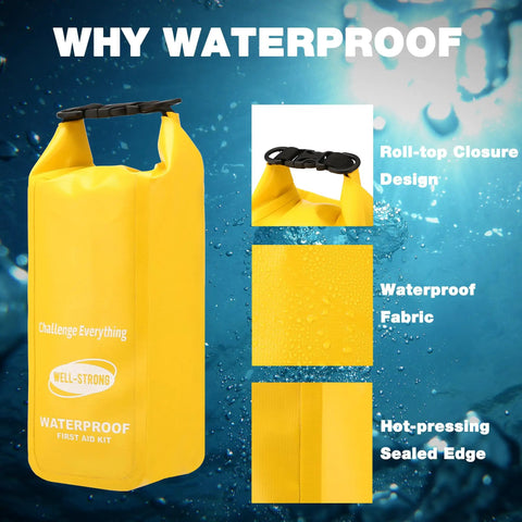 Waterproof Boat First Aid Kit With Roll Top Dry Bag for Marine Adventures, yellow bag with roll-top closure and hot-pressed seams.