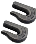 4 Pack Three Eighths Inch Weld-On Chain Hooks Grade 70 for Trailers Trucks Rigging 6600 Lbs, close-up view of two forged tow hooks