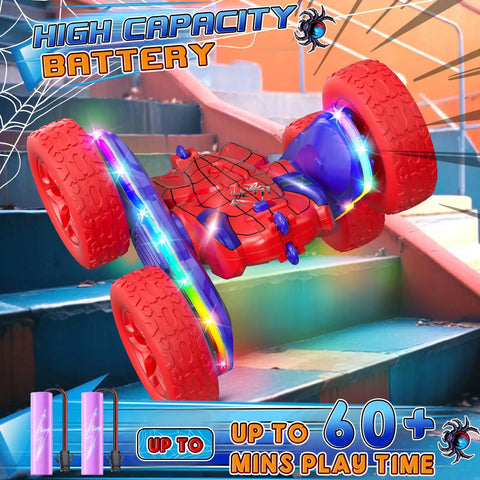 Spider Themed RC Car For Kids 4-8, 2.4GHz Remote Control With 26 LED Lights and changeable wheels performing a flip