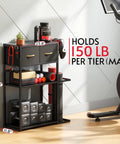 Versatile Sturdy Adjustable 4 Tier Home Gym Storage Rack Featuring Strong Steel Frame And Soft Drawer Top For Organizing Dumbbells And Dope Workout Essentials with weights and accessories.