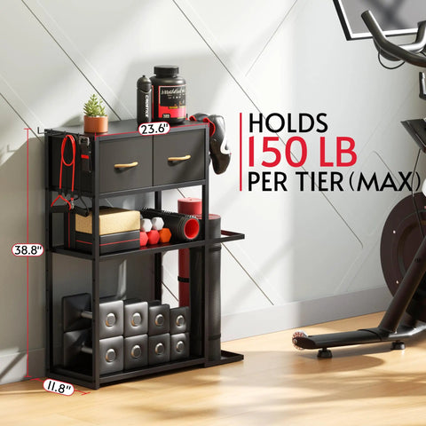 Versatile Sturdy Adjustable 4 Tier Home Gym Storage Rack Featuring Strong Steel Frame And Soft Drawer Top For Organizing Dumbbells And Dope Workout Essentials with weights and accessories.