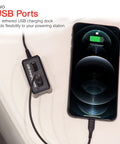 Close-up of a Turn One Outlet Into Twelve With Tethered USB Ports Surge Protector, showing USB port with charging phone