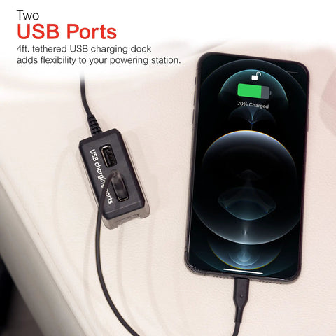Close-up of a Turn One Outlet Into Twelve With Tethered USB Ports Surge Protector, showing USB port with charging phone