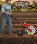 Farmer using Manual Garden Push Seeder With 7 Nozzles And Eight Pound Seed Box Easy To Use Depth Settings for planting
