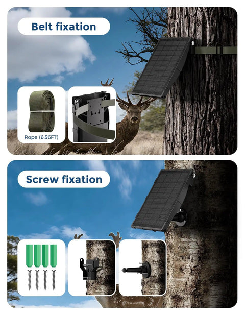 Solar Panel Kit For Trail Cams With 6000mAh Battery And 12V Output IP66 Waterproof mounted with belt and screw fixation options