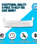 Front view of Beefed Up Durability Door Shelf Bin Rack Replacement WR71X10427 with durability icons and warranty badge.