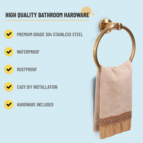 Gold Brushed 7 Piece Bathroom Accessory Kit Wall Mounted featuring towel ring with beige towel for a modern bath upgrade