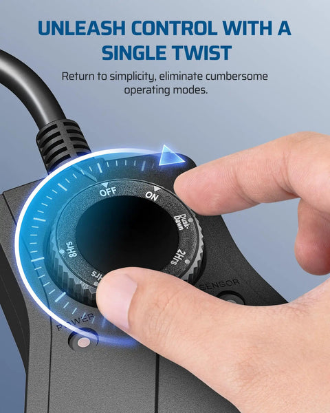Weatherproof Outdoor Light Timer Featuring Automatic Dusk To Dawn Sensor And Triple Prong Outlet for easy manual control settings.