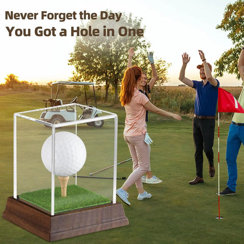 Hole In One Golf Ball Display Case With Realistic Turf Base And Walnut Wood Stand Clear Acrylic Ball Box on golf course