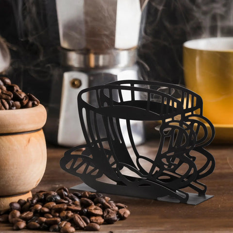 Durable Coffee Filter Holder And Paper Storage Rack With Cup Shaped Stand For Fan Shaped T Shaped And Square Paper Filters Must Have For Home Kitchen Restaurant Picnic Or Wedding Accessory on kitchen counter with coffee beans and moka pot