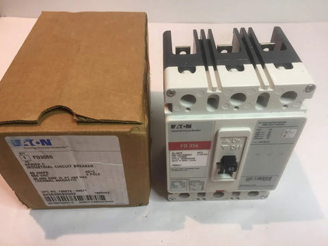 Pro Grade Heavy Duty Three Pole Panel Mount Type FD Molded Case Circuit Breaker, 60 Amp, for 600 Volt AC, shown in box.