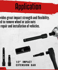 Three Eighth Inch Drive Impact Socket Set With Forty Eight Piece SAE And Metric Deep And Shallow Sockets Plus Three Inch And Six Inch Extension Bars Three Eighth Universal Joint And Three Eighth To One Half Inch Adapter Cr V Steel Six Point extension bars on display with tool for vehicle repair.