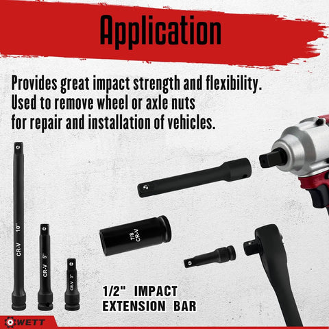 Three Eighth Inch Drive Impact Socket Set With Forty Eight Piece SAE And Metric Deep And Shallow Sockets Plus Three Inch And Six Inch Extension Bars Three Eighth Universal Joint And Three Eighth To One Half Inch Adapter Cr V Steel Six Point extension bars on display with tool for vehicle repair.