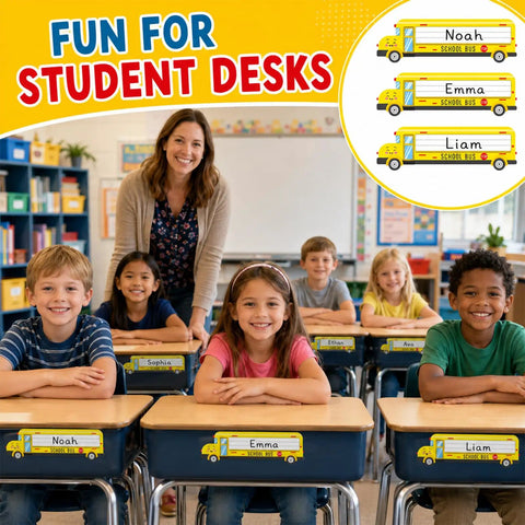 School Bus Magnetic Name Tags Set With Sixty Reusable Dry Erase Labels For Desks Lockers Whiteboards Classrooms Kids Image