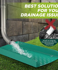 4 Pack No Sweat Rain Gutter Downspout Extensions Featuring Extra Wide One Piece Splash Block Design For Rock Solid Water Drainage And Foundation Protection Drop Dead Easy Setup Green with water flowing from downspout.