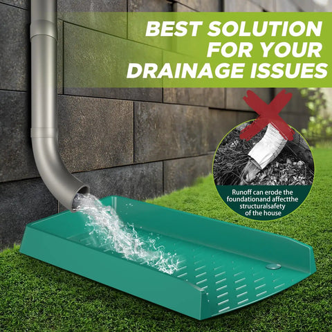 4 Pack No Sweat Rain Gutter Downspout Extensions Featuring Extra Wide One Piece Splash Block Design For Rock Solid Water Drainage And Foundation Protection Drop Dead Easy Setup Green with water flowing from downspout.
