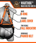 Back view of Warthog MAXX Side D-Ring Fall Protection Safety Harness with removable belt, full body harness for construction, X-Small