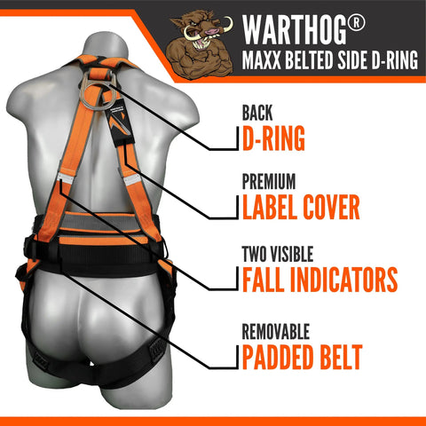 Back view of Warthog MAXX Side D-Ring Fall Protection Safety Harness with removable belt, full body harness for construction, X-Small