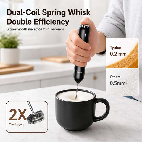 Rechargeable Handheld Coffee Frother Wand Detachable Whisk Mixer For Latte Cappuccino Matcha Protein Shakes Matte Black in use