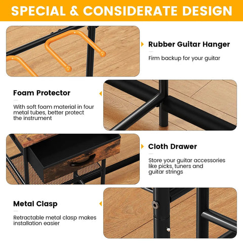 Detailed view of Floor Guitar Stand With 4 Holders And 3 Tiers, Go To Multi Guitar Rack components including cloth drawer.