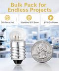 Top Shelf E10 Miniature Light Bulbs Offering Hella Reliable Warm White Glow for Your Home Lab or Flashlight Fixes, 50-piece pack with E10 base.