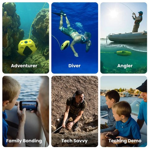 Six images showing a Palm Sized Dory Underwater Drone With 1080p Full HD Camera in various activities and settings.