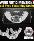 Stainless Wing Nuts 8-32 Machine Thread, 18-8 Stainless Steel, tool-free fastening design, indicated dimensions, close-up details