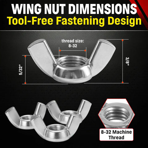 Stainless Wing Nuts 8-32 Machine Thread, 18-8 Stainless Steel, tool-free fastening design, indicated dimensions, close-up details
