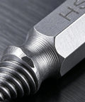 Get The Ultimate Titanium Screw Extractor Kit With Six Pieces For Easy Removal Of Stripped Rusty Bolts And Damaged Screws Made From HSS 4341 Steel For Heavy Duty Home Repairs That Just Work Like Magic On All Your Broken Hardware Projects. close-up of HSS 4341 steel extractor tip