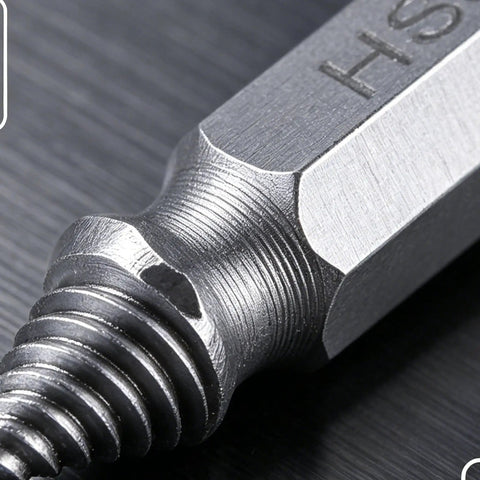 Get The Ultimate Titanium Screw Extractor Kit With Six Pieces For Easy Removal Of Stripped Rusty Bolts And Damaged Screws Made From HSS 4341 Steel For Heavy Duty Home Repairs That Just Work Like Magic On All Your Broken Hardware Projects. close-up of HSS 4341 steel extractor tip