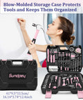 281 Piece Home Tool Kit Portable Hand Tool Set For Home And Auto Repairs Includes Tool Box With Socket Wrench Set Slotted And Phillips Screwdrivers Hex Keys Pliers Tape Measure Spirit Level And Wire Stripper black pink case with woman using hammer