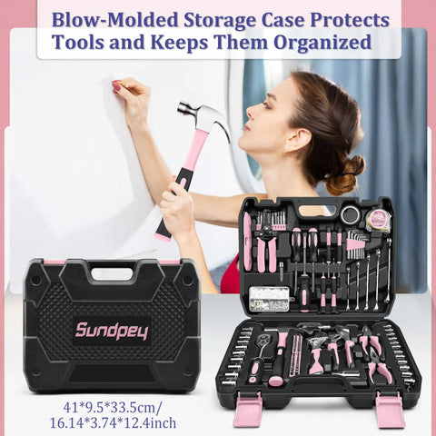 281 Piece Home Tool Kit Portable Hand Tool Set For Home And Auto Repairs Includes Tool Box With Socket Wrench Set Slotted And Phillips Screwdrivers Hex Keys Pliers Tape Measure Spirit Level And Wire Stripper black pink case with woman using hammer