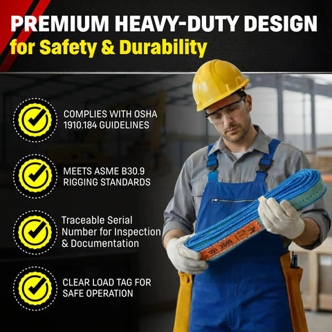 Worker holding One Inch By Ten Foot Polyester 2 Ply Lifting Eye To Eye Rigging Sling Built Tough For Industrial Lifts 3200 Pound Vertical Load Rating Made In USA From American Made Materials DD Sling For Secure Hoisting, safety features displayed.