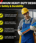 Man holding Heavy Duty 2 X 4 Foot Eye And Eye Polyester Rigging Sling Rated 6400 Lbs, featuring safety compliance tags.