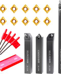 Lathe Tooling Set 14 pcs turning bits with four five eighth inch shank threading holders, boring bars, and ten indexable carbide inserts CCMT09T304 for metal lathe tools ideal for precision cutting, threading, and milling displayed.