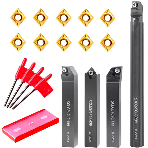 Lathe Tooling Set 14 pcs turning bits with four five eighth inch shank threading holders, boring bars, and ten indexable carbide inserts CCMT09T304 for metal lathe tools ideal for precision cutting, threading, and milling displayed.