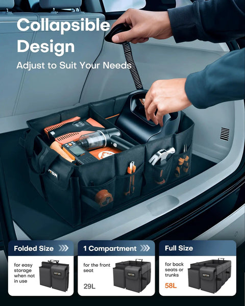 Foldable Trunk Organizer For SUVs And Sedans, Sturdy Car Storage With Two Big Compartments And Six Mesh Pockets, Black, 23.6 X 14.2 X 10.6 Inches, Keeps Groceries, Tools, And Gear Neatly Stowed On Every Trip.