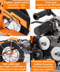 Automatic Electric Wire Puller And Stringing Machine With Slick Variable Speed Control And No Sweat 360 Flex Head For Tough Electrical Or Pipe Threading Tasks On Site Featuring Solid 10000 Mah Battery detailed view of speed switch, grip, side reel and turbine housing.