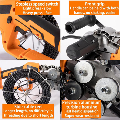 Automatic Electric Wire Puller And Stringing Machine With Slick Variable Speed Control And No Sweat 360 Flex Head For Tough Electrical Or Pipe Threading Tasks On Site Featuring Solid 10000 Mah Battery detailed view of speed switch, grip, side reel and turbine housing.