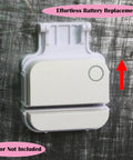 Garage Door Bracket For Alarm Contact Sensors 2nd Gen Just Snap On Install Secure Mount Quick Setup Durable Steel Fits Most Doors 2 Pack For Easy Sensor Alignment shown mounted on a textured surface with battery compartment visible