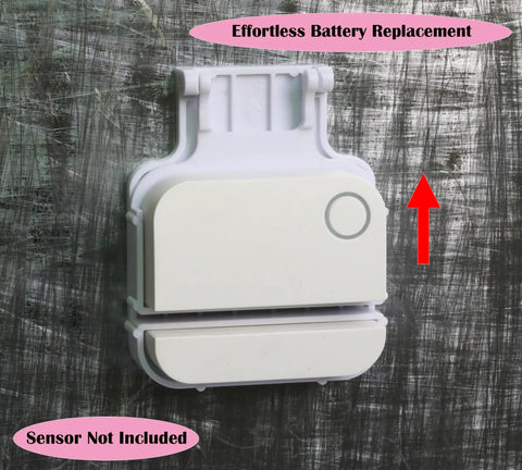 Garage Door Bracket For Alarm Contact Sensors 2nd Gen Just Snap On Install Secure Mount Quick Setup Durable Steel Fits Most Doors 2 Pack For Easy Sensor Alignment shown mounted on a textured surface with battery compartment visible