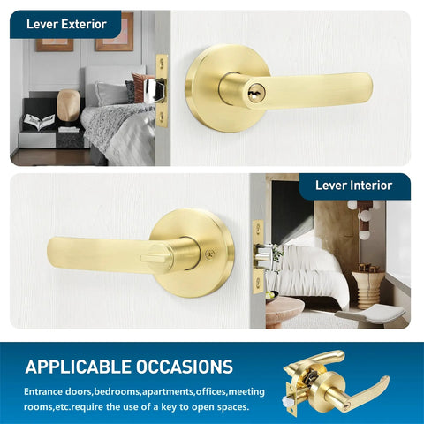 Six Pack Keyed Alike Entry Door Locks With Gold Door Handles For Indoor Or Outdoor Use shown on interior and exterior doors