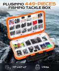Open waterproof tackle box showing All In One 449 Piece Fishing Tackle Kit In Tackle Box With Hooks Weights Jig Heads Sinkers Ned Heads For Bass And Trout Gear Great Gift For Men And Outdoor Enthusiasts on rocks.