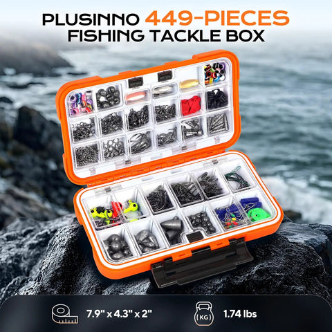 Open waterproof tackle box showing All In One 449 Piece Fishing Tackle Kit In Tackle Box With Hooks Weights Jig Heads Sinkers Ned Heads For Bass And Trout Gear Great Gift For Men And Outdoor Enthusiasts on rocks.