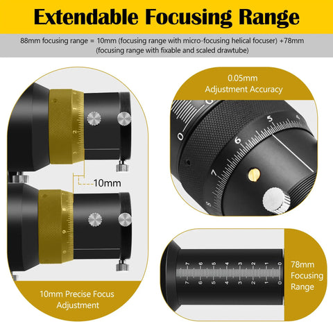 Upgraded 70mm FMC Guide Scope Kit focusing range details with double helical focuser and adjustment accuracy