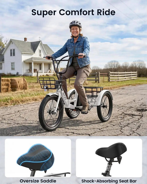 20 Inch Fat Tire Electric Tricycle For Adults With Folding 3 Wheels, 750W Peak Motor, rider on white trike on road, oversized saddle and shock-absorbing seat bar